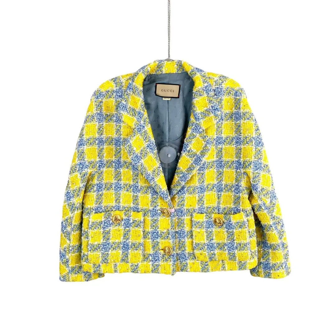 99新 GUCCI/古驰 bb1734  聚酯纤维 23ss格纹金扣小香风外套 38码