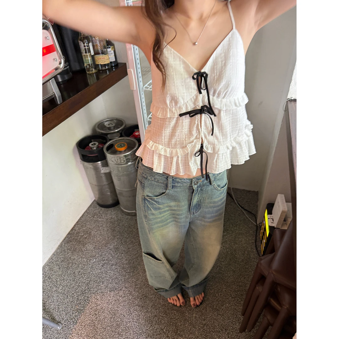 LelyMooch/棉格纹黑色系绳花边v领吊带背心叠穿