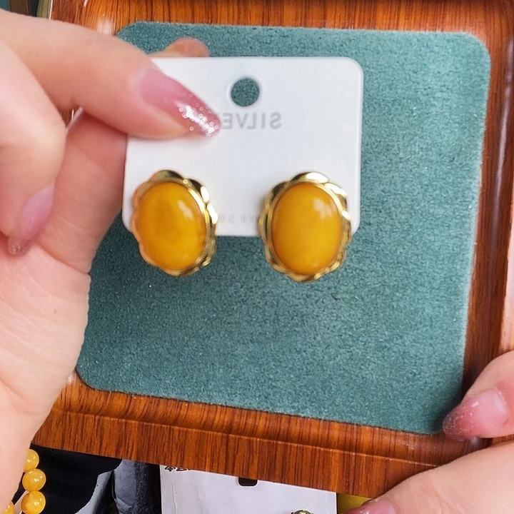 蜜蜡银S925镶嵌耳饰耳钉