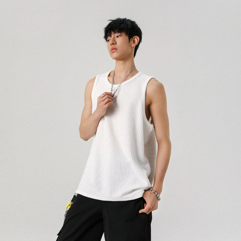 夏季慵懒风宽松坑条无袖T恤情侣背心男坎肩内搭上衣休闲透气外穿