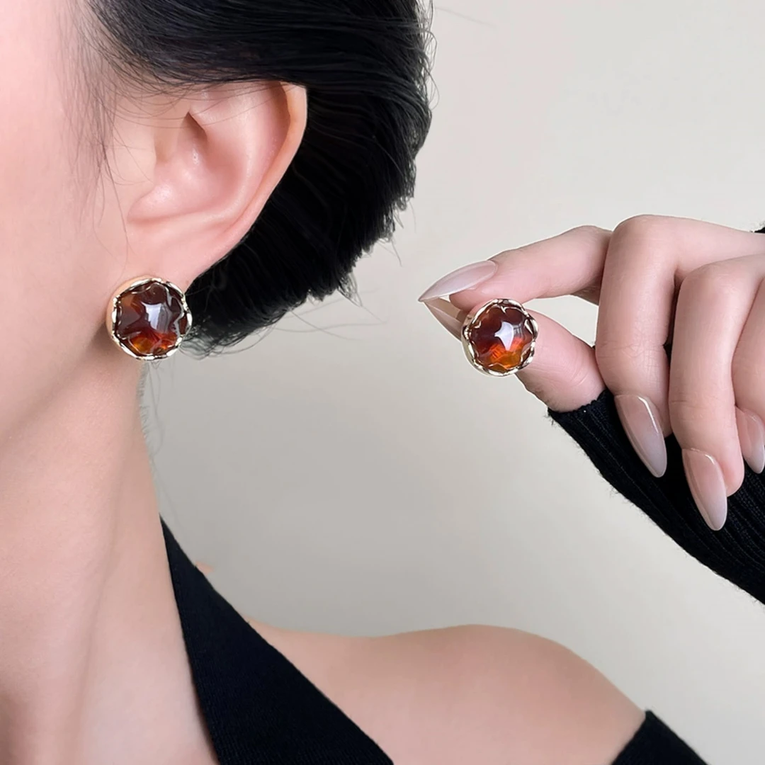 铜合金耳饰 925银针文艺复古几何琥珀色耳钉小众百搭气质耳环耳饰