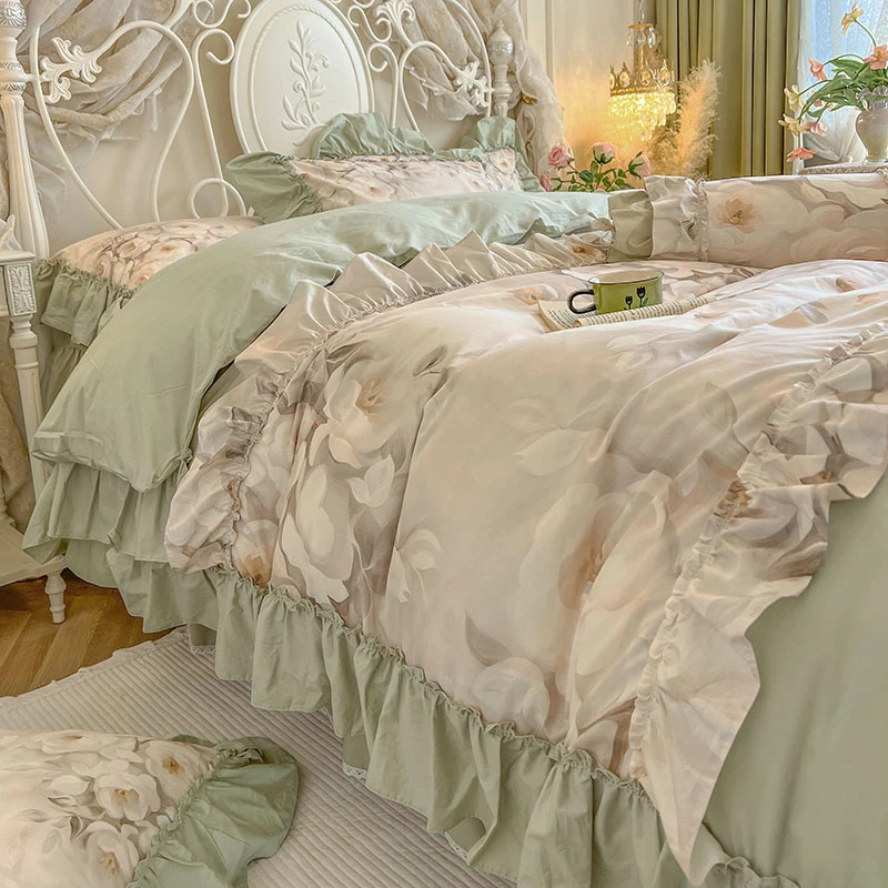 公主风2025新款全棉数码印花法式花边套件可裸睡丝滑床裙款四件套