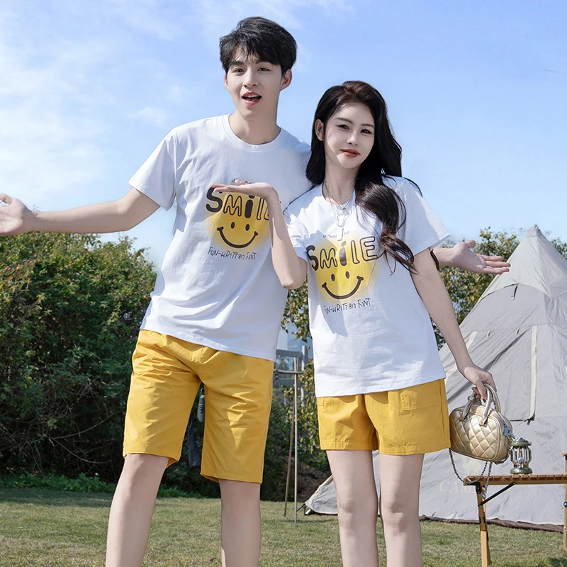 情侣装夏装2025休闲短袖短裤套装亲子装女装一家三口ins印花母女