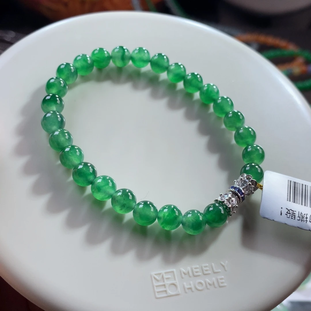 翡翠未镶嵌手链老种冰胶翠辣绿手串 卡6.4