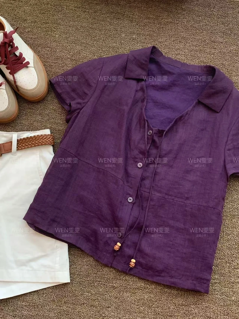WEN 紫色气质翻领短袖小衫上衣WWC0135