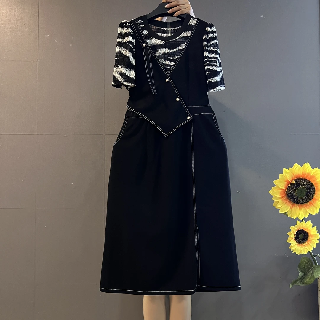 轻熟风时尚拼接假两件显瘦宽松大码长款开叉连衣裙093