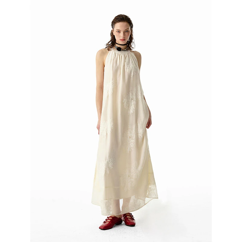 洛边 原创复古宽松绣花新中式长裙A字裙无袖长裙连衣裙夏季