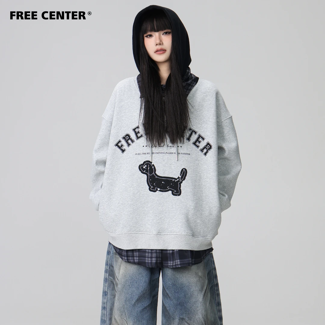 Free Center假三件连腊肠狗帽卫衣男女美式复古字母宽松慵懒帽衫