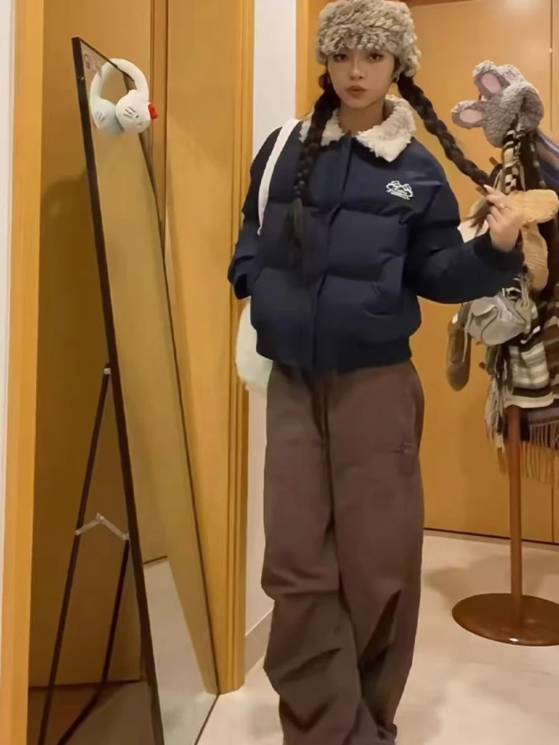 小个子女大学生百搭美式国潮街头翻领时尚保暖短款宽松棉服外套