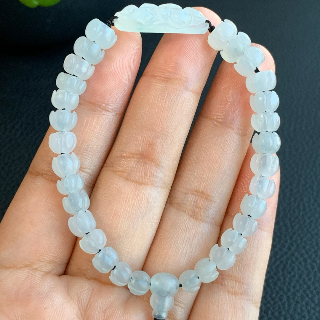 【‌纯洁高尚】天然翡翠A货冰莲花手牌葫芦莲花珠串 定制毛货未抛光