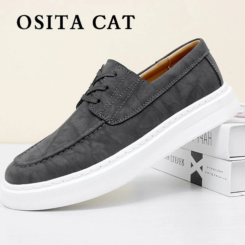 OSITACAT新款高档男士体闲皮鞋轻便潮流板鞋百搭透气软底春季潮鞋