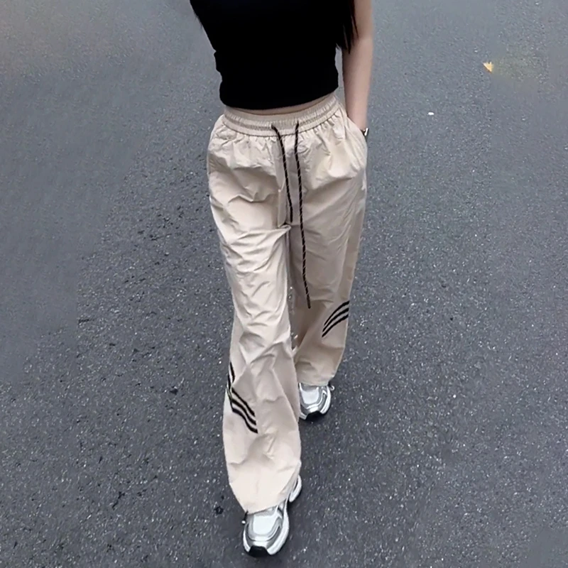 夏季新款休闲裤女美式复古拼接撞色条纹阔腿裤显瘦洋气炸街长裤潮