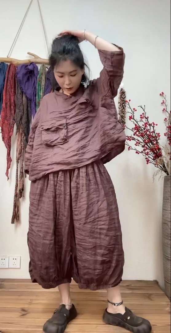 苎麻宽松气质夏季纯色复古时尚口袋休闲裤小衫套装褶皱