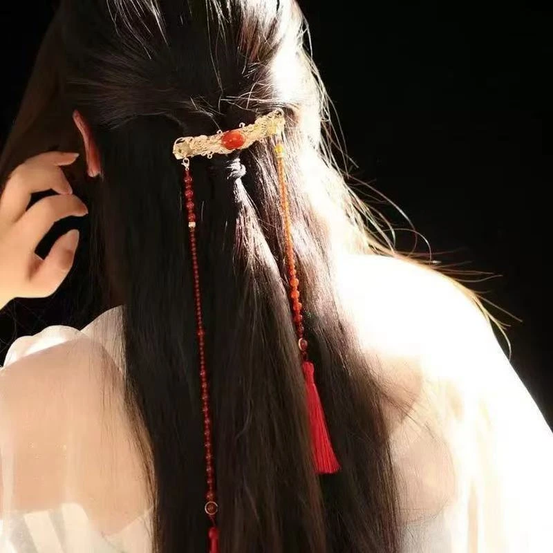 春日宴 中式红色流苏束发夹 国风复古马面裙弹簧夹配饰汉服战国袍