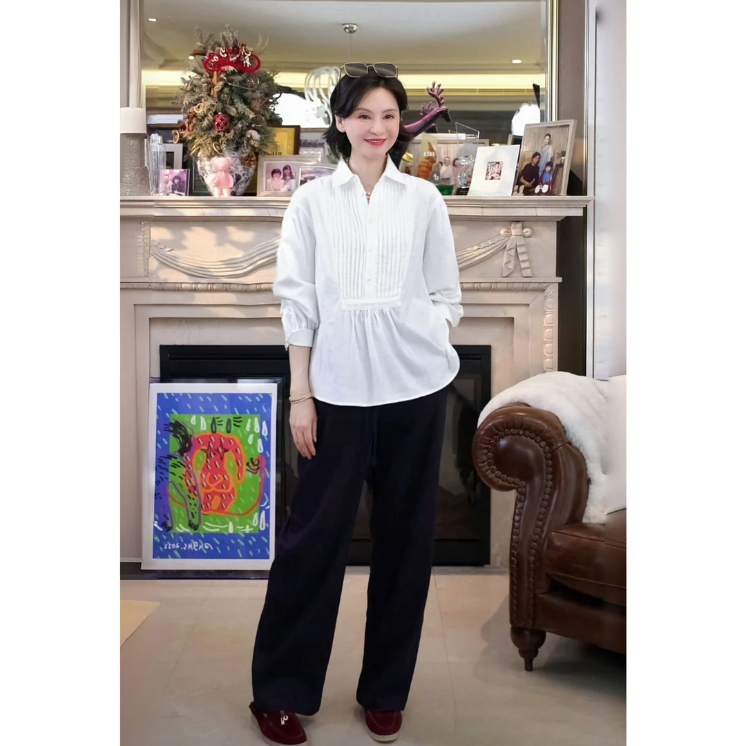 RuienCo.怦然心动60支新疆棉羊腿袖打条压褶休闲夏衬衫上衣