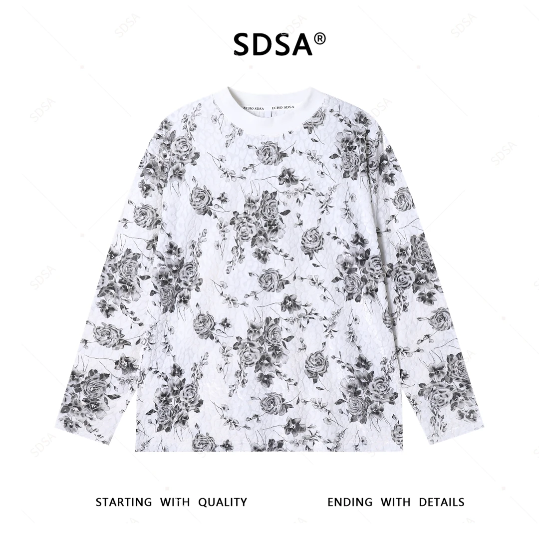 SDSA男士秋冬新款轻奢痞帅男装泡泡植绒圆领长袖T恤花卉印花时尚