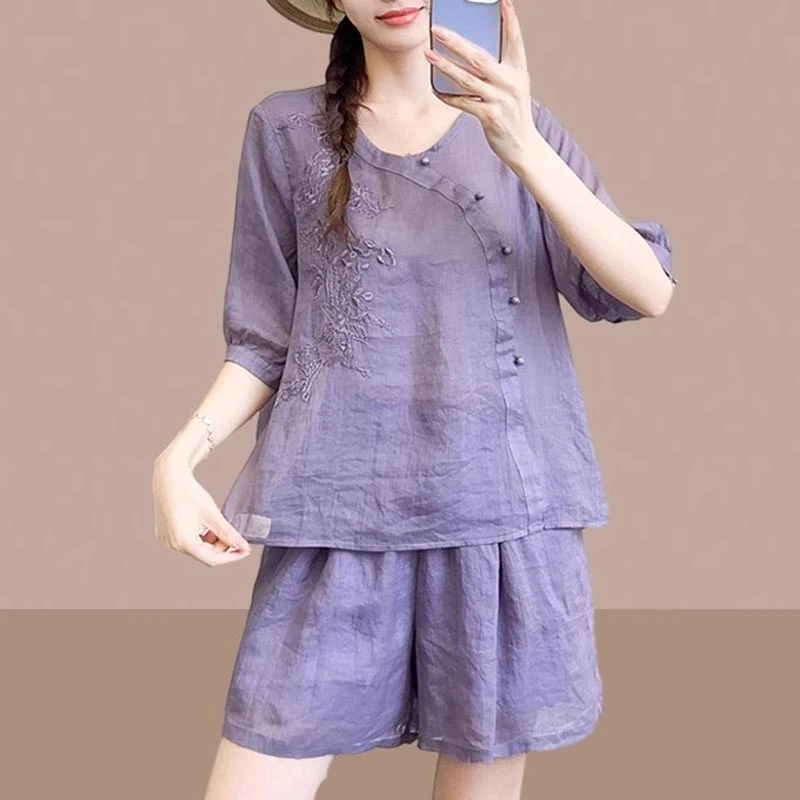 上衣短裤女士时尚套装2026年夏季洋气宽松上衣短袖设计感气质休闲