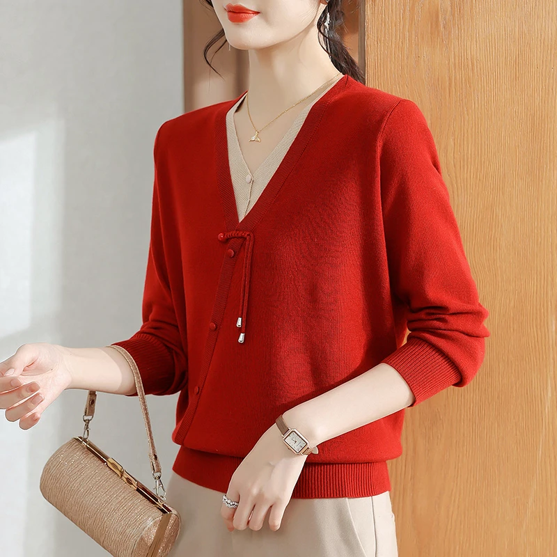 【雪夕】妈妈秋冬装气质V领打底衫P-X-YaMei5803