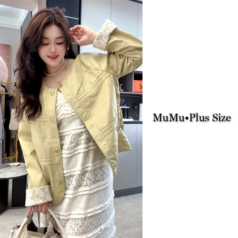 欧韩休闲短款圆领大码女装2025春秋中式蕾丝拼接设计感百搭外套