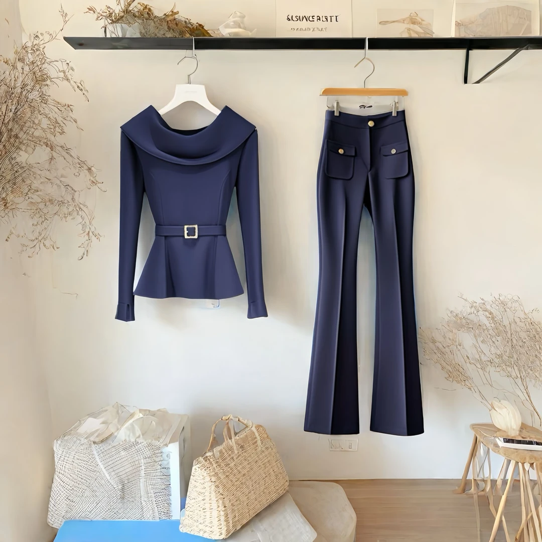 韩系高级感气质轻奢独特别致上衣女早秋上班族职业通勤微喇裤套装