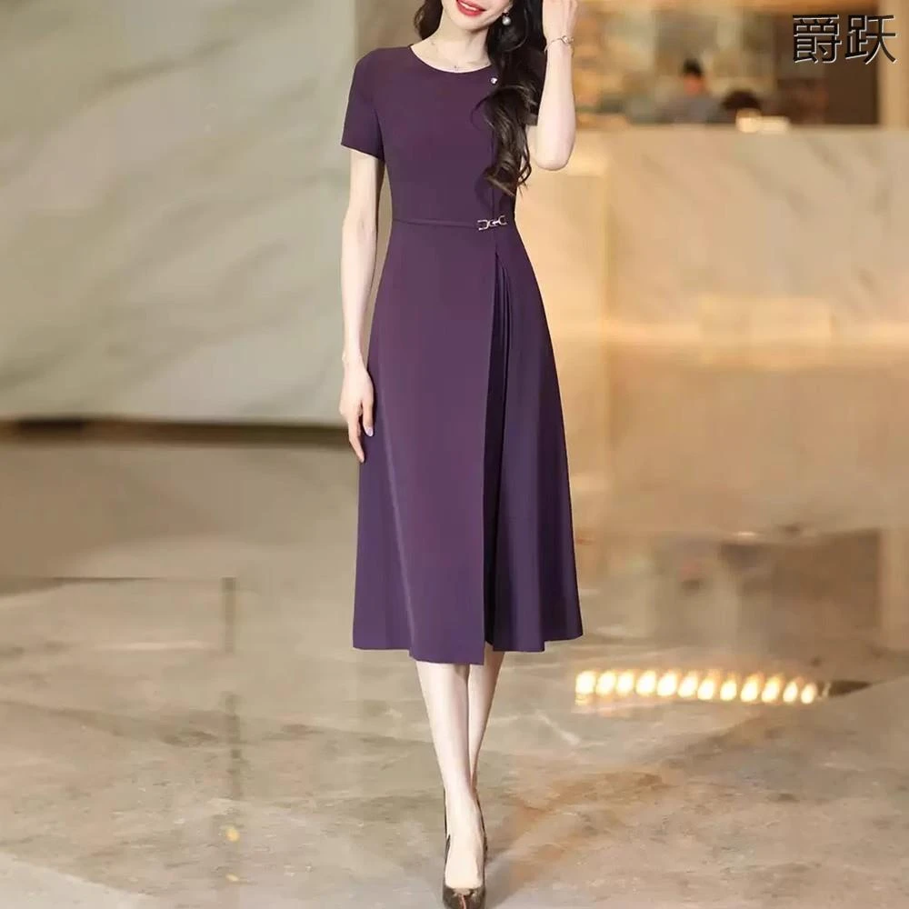 设计感紫色百褶短袖连衣裙女2025夏季新款气质收腰显瘦A字裙
