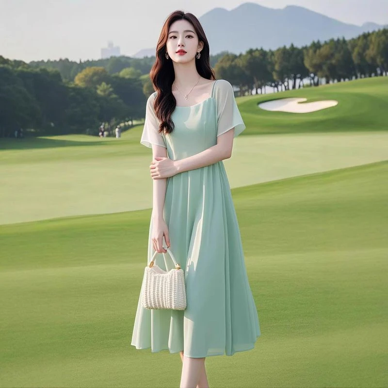 哥弟阿玛施正夏新款长裙大气薄荷绿色裙子收腰显瘦A字长款连衣裙