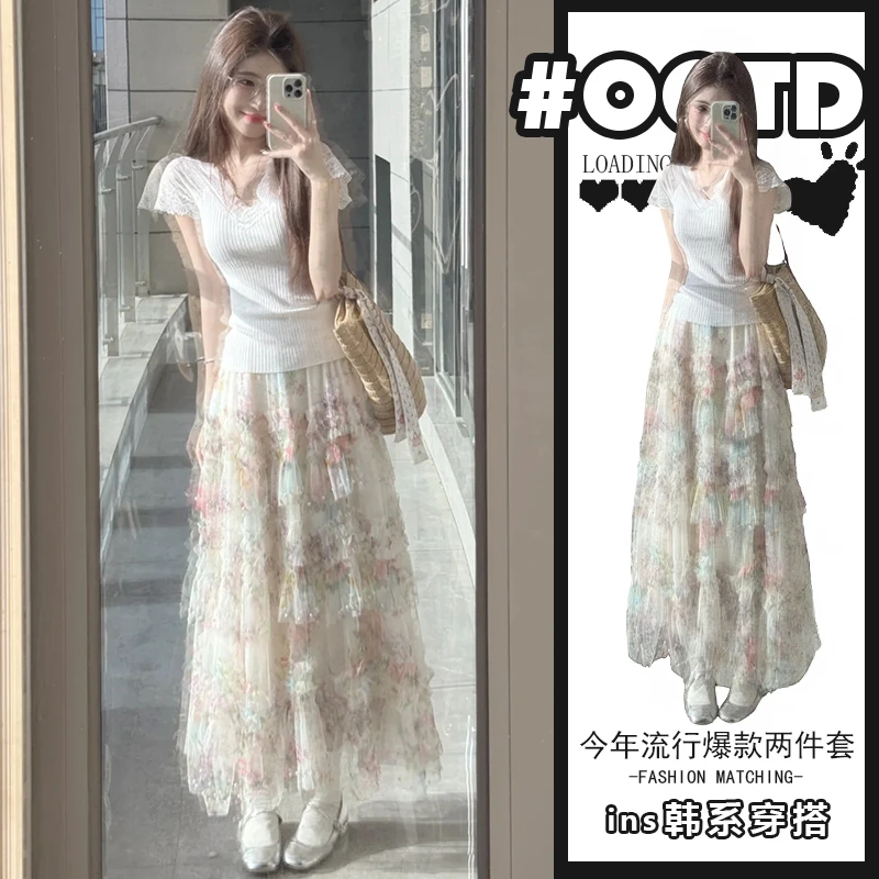 清纯甜美夏季套装女法式气质蕾丝V领短袖上衣温柔风荷叶边半身裙