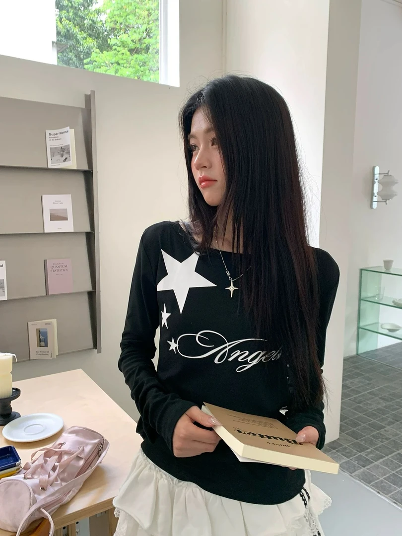 字母印花街头长袖甜酷甜辣T恤圆领套头打底衫初恋风