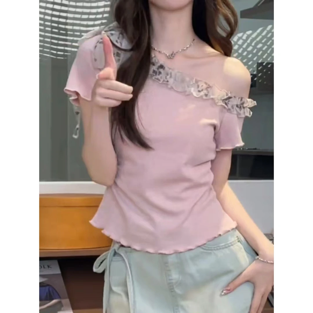 2025夏季新款甜美风碎花荷叶边拼接斜肩飘带设计感短袖上衣