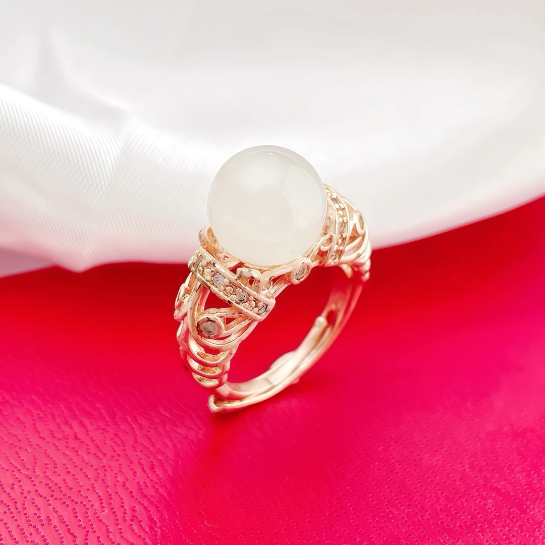 和田玉白玉10m珠子镂空戒指1426