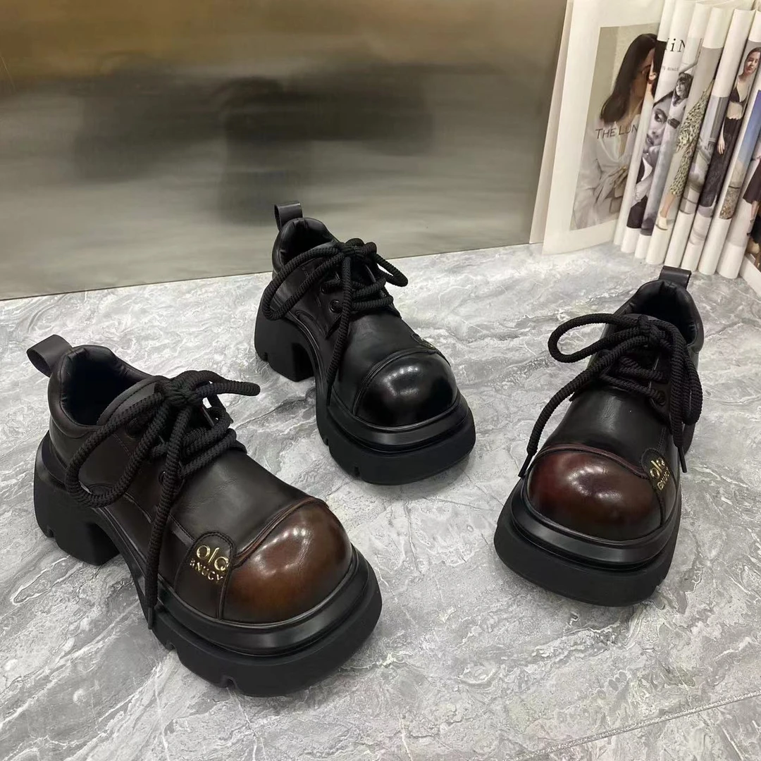 欧美风系带圆头厚款厚底皮鞋百搭乐福鞋女士粗跟372-6