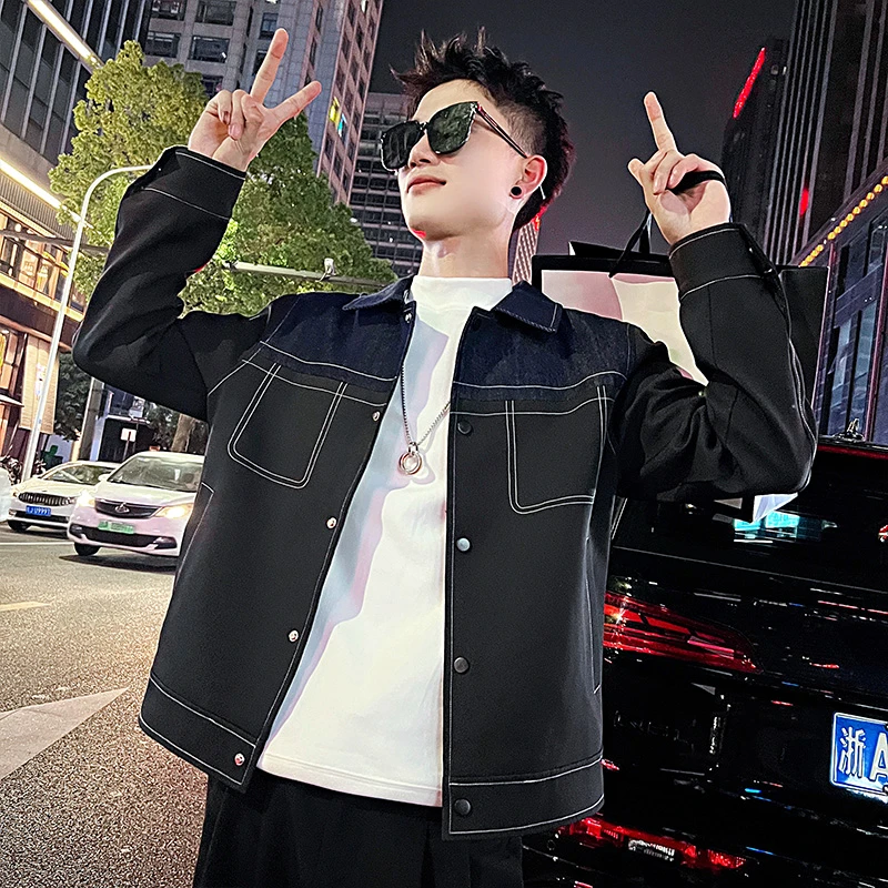 潮牌拼接男士牛仔夹克外套男休闲痞帅男装2025春秋高级感潮流上衣