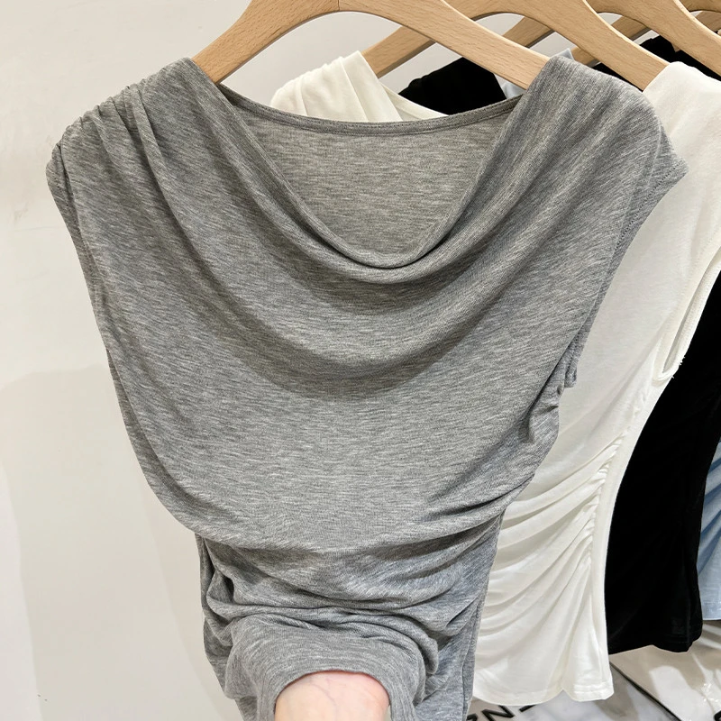 蓝色不规则荡领无袖恤女修身夏设计感小众褶皱别致上衣2025新款