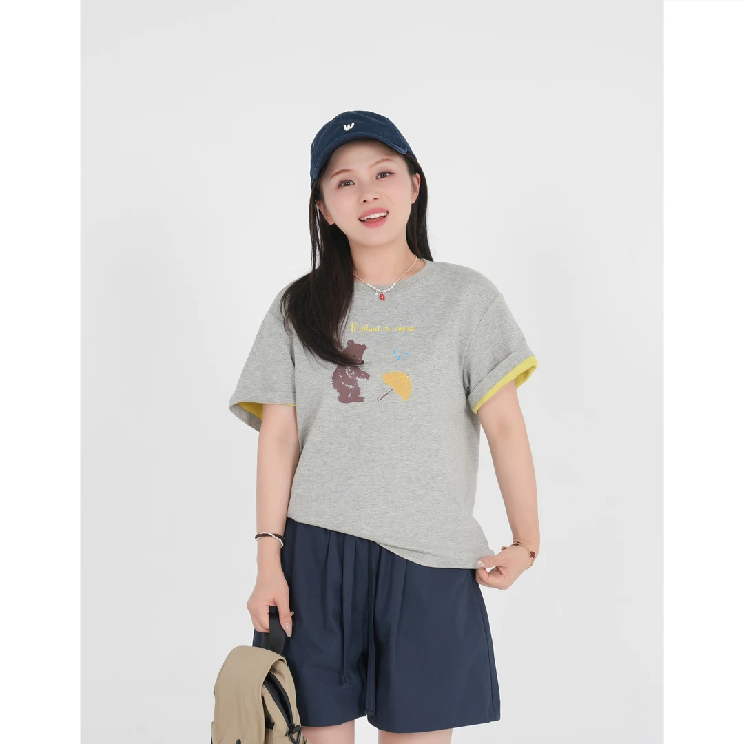 小个子圆圆1323重磅里外拼色印花圆领T恤休闲百搭夏季上衣女半袖