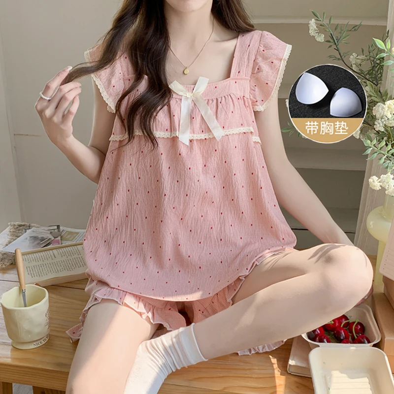 带胸垫夏季睡衣女薄款圆点粉色公主风宽松女款学生透气家居服套装