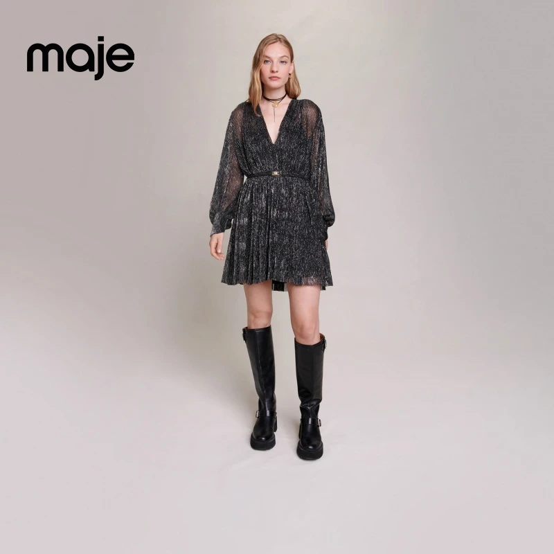 暖系穿搭|Maje时尚黑色百褶长袖连衣裙短裙MFPRO03270