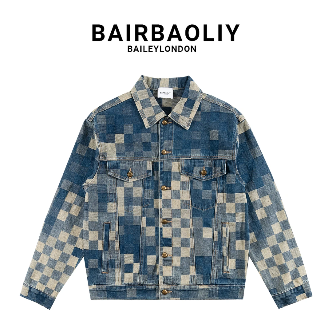BAIRBAOLIY高品质棋盘格轻奢马赛克小香风修身版牛仔外套潮流男装