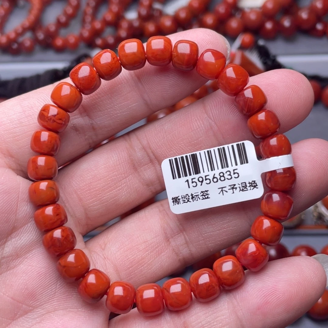 南红玛瑙未镶嵌南红玉石7.8mm瓦西柿子红满色满肉老型手串