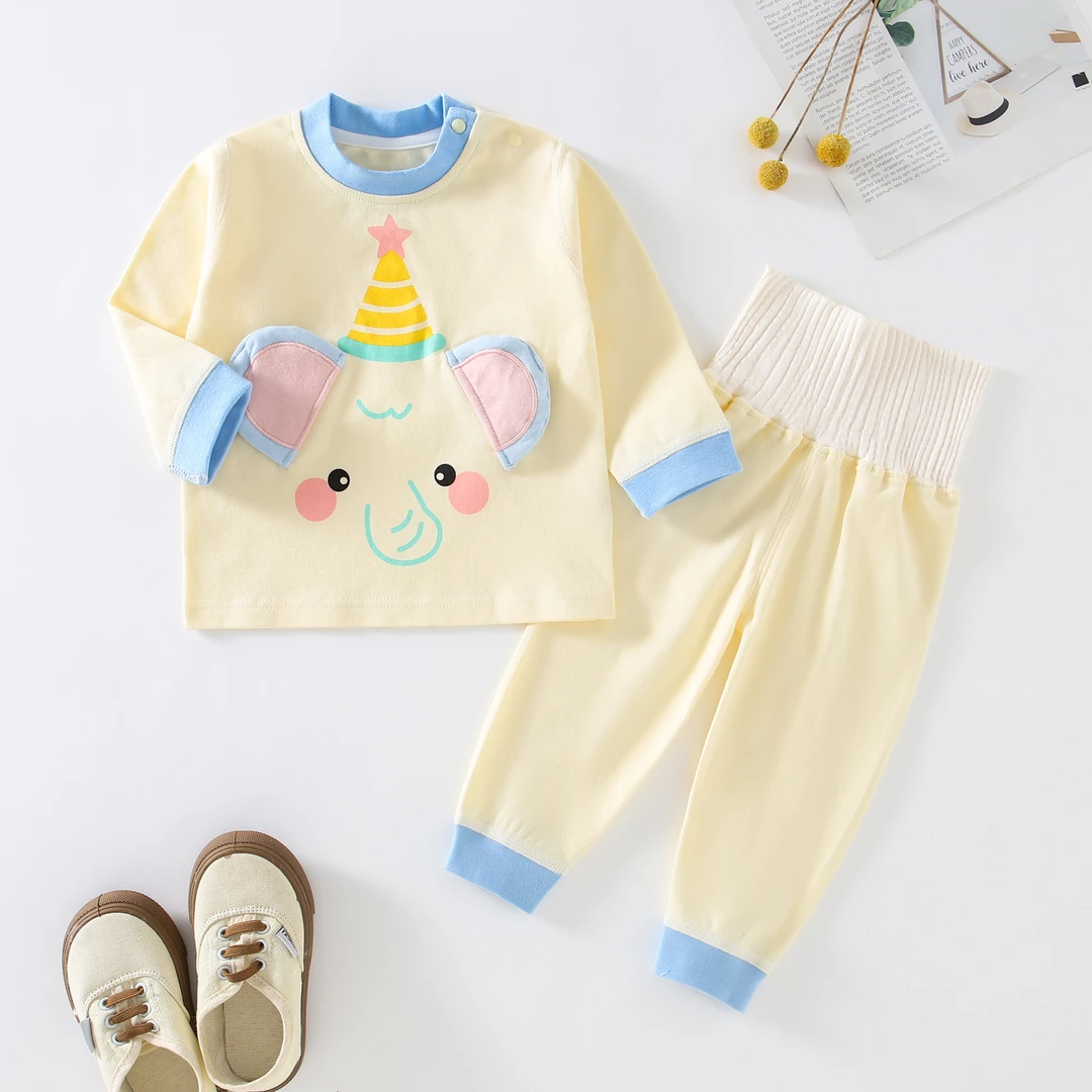 纯棉分体婴幼儿上衣裤子两件套男女宝肩扣上衣高腰护肚裤子