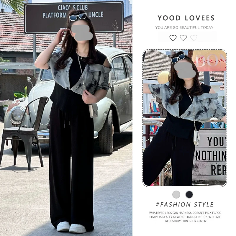 时尚套装女2025夏季新款洋气显瘦露肩花色假两件上衣阔腿裤两件套