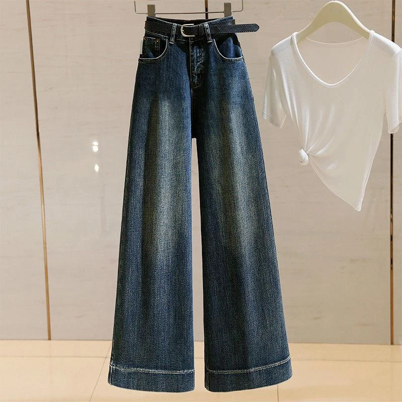 复古蓝高腰阔腿牛仔裤女年秋季新款宽松显瘦垂感百搭拖地裤子