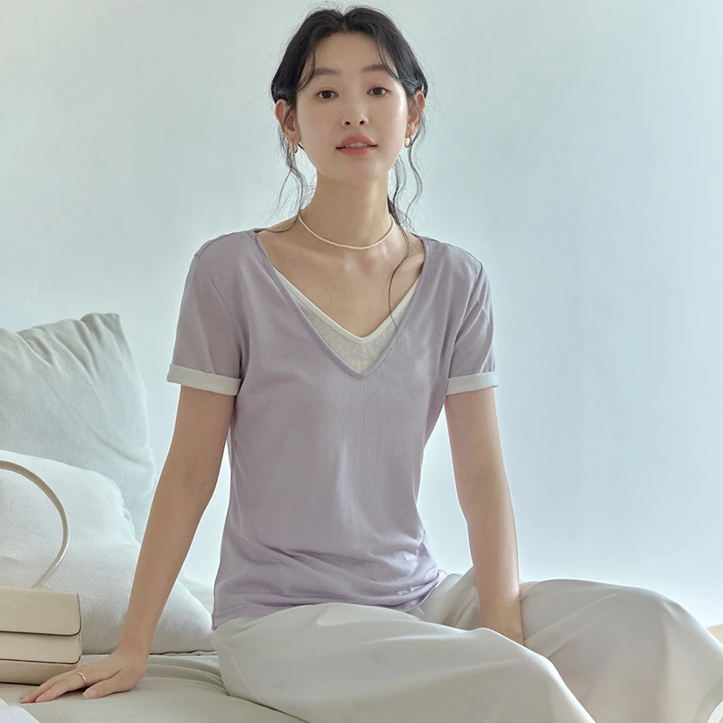 原水2025夏百搭v领紫色假两件短袖T恤T58050