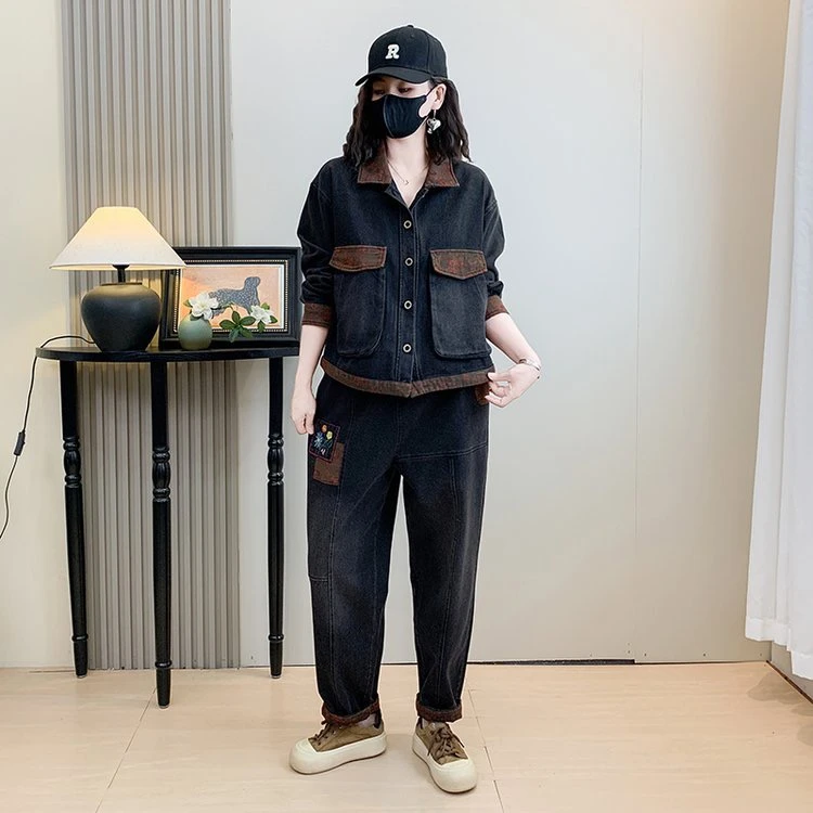 秋季新款大码碎花拼接翻领长袖水洗牛仔套装复古减龄显瘦两件套