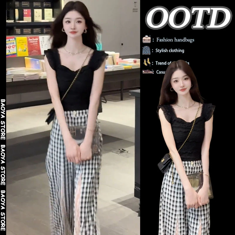 夏季搭配一整套2025新款法式气质小飞袖无袖上衣蕾丝格子裤两件套