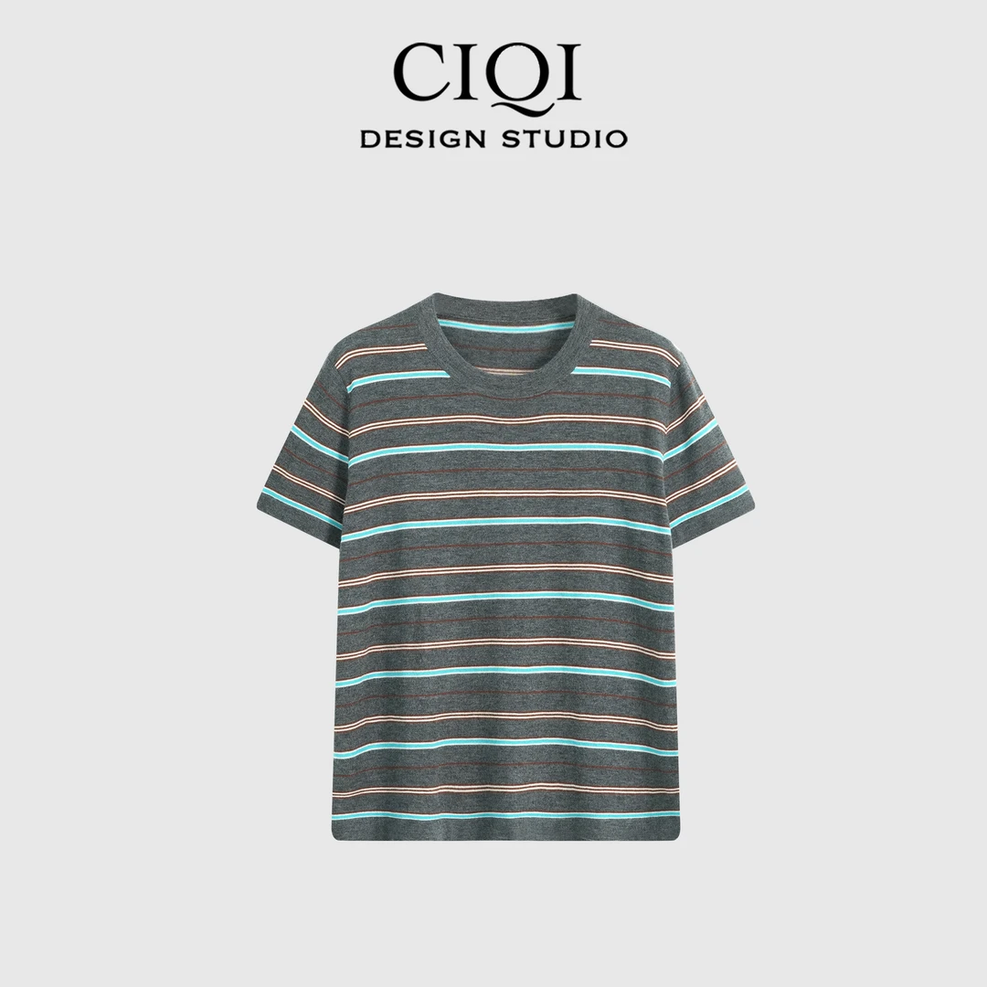 CIQI STUDIO【闲适夏日】精仿丝光羊毛四色间条纹针织衫短袖DY25948