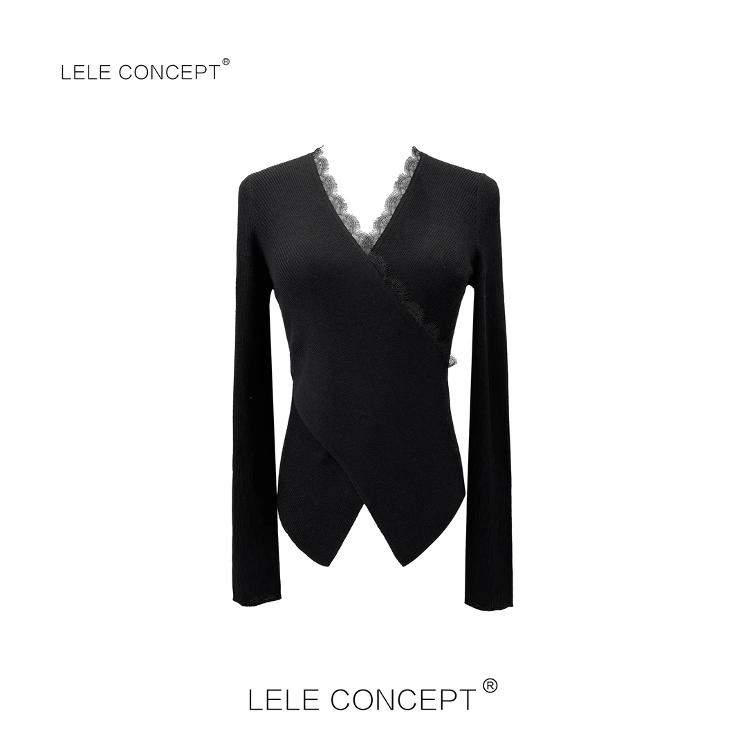 LELE CONCEPT |「夭夭」轻奢设计款V领蕾丝边时尚针织衫S0597
