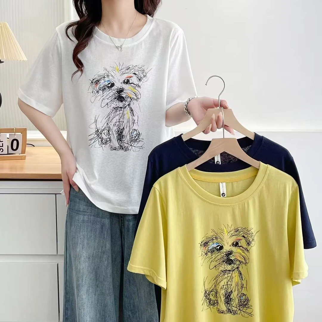 圆领夏季潦草小狗短袖精致韩风小清新T恤大版卡通减龄时尚韩版