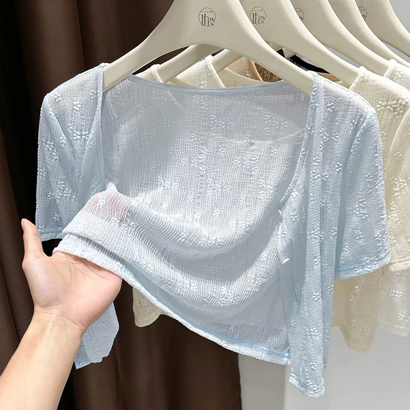 蓝色圆领短袖蕾丝开衫配小裙子外搭女2025夏季爆款冰丝防晒短外套