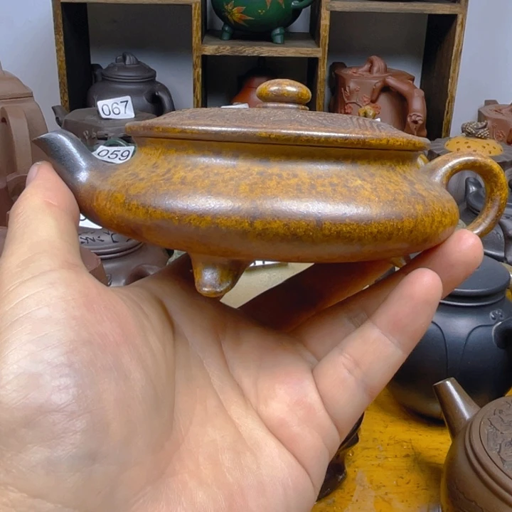 茶壶紫砂紫砂壶黄金段泥柴烧扁晨200cc