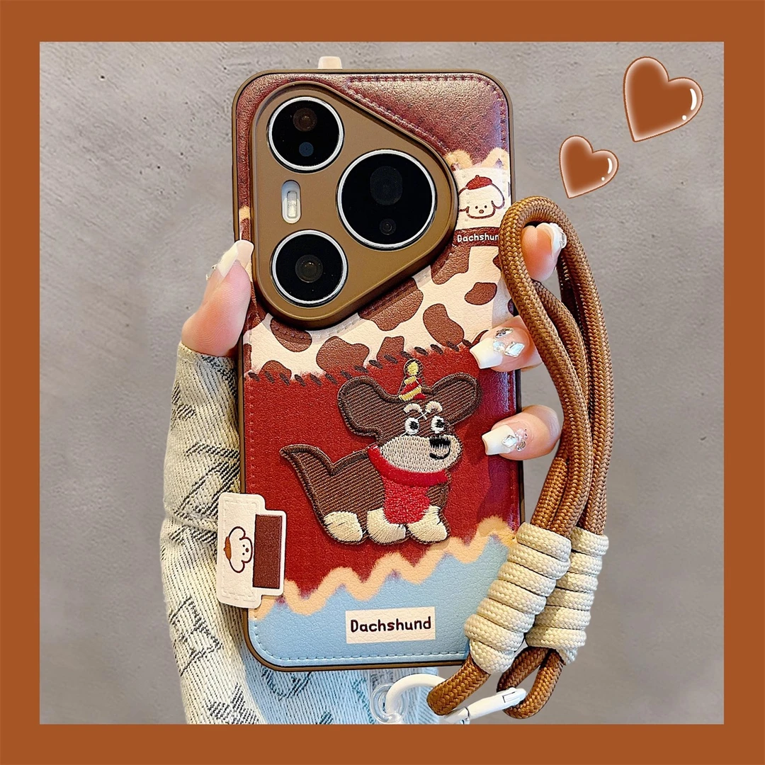 适用华为pura80新款手机壳苹果17Promax卡通刺绣小狗狗mate70Pro